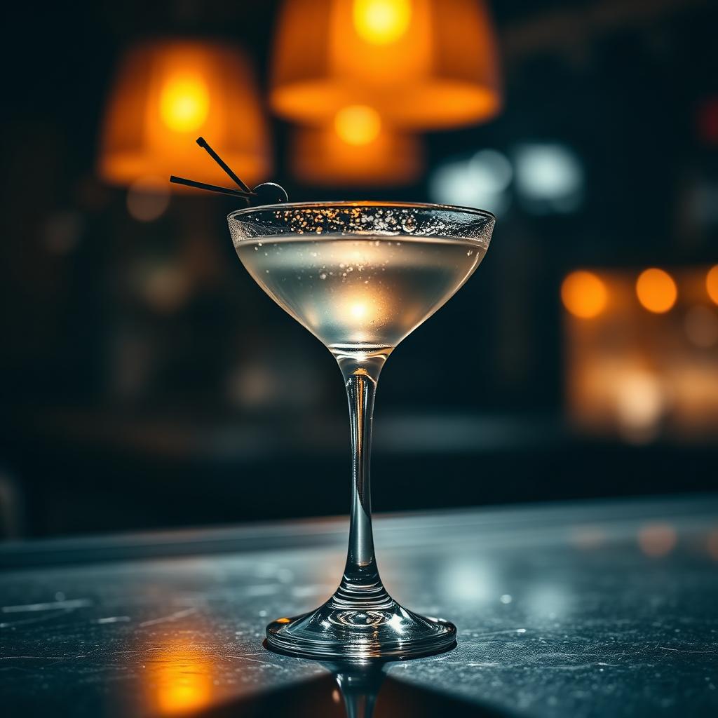 A classic martini glowing under warm bar pendant lights